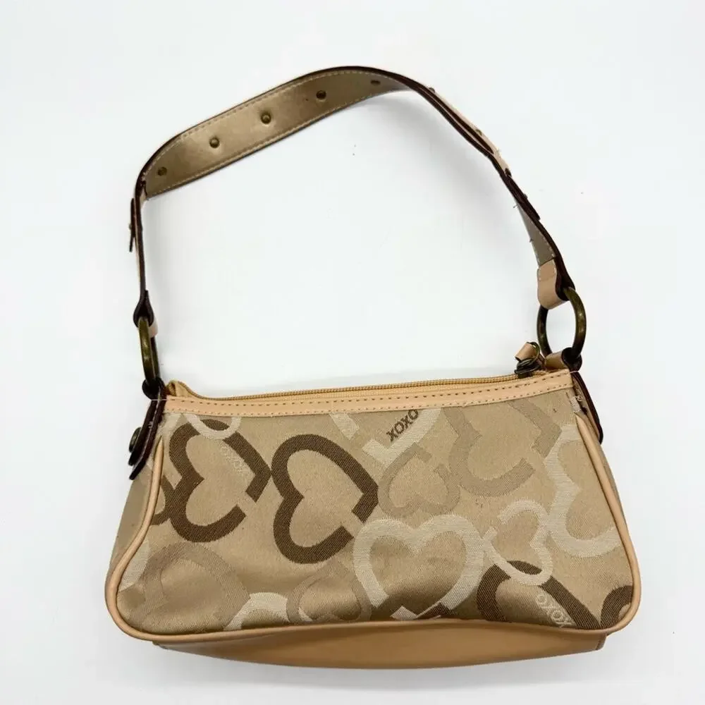 Vintage Y2K XOXO Hearts Canvas Baguette Shoulder Bag Tan Signature Girly Grunge